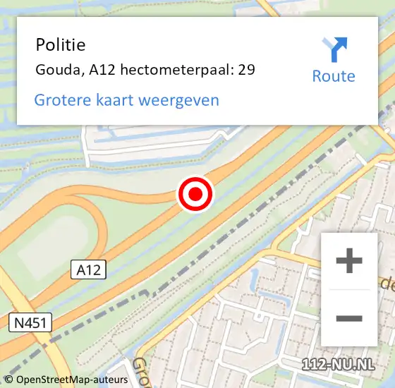 Locatie op kaart van de 112 melding: Politie Gouda, A12 hectometerpaal: 29 op 12 juni 2023 17:58