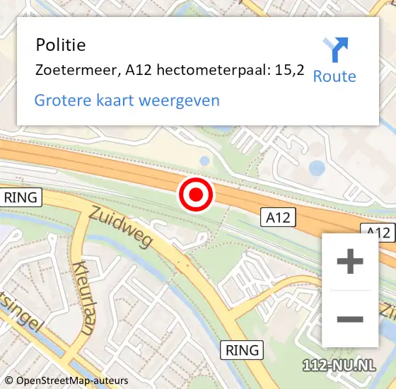 Locatie op kaart van de 112 melding: Politie Zoetermeer, A12 hectometerpaal: 15,2 op 12 juni 2023 18:24