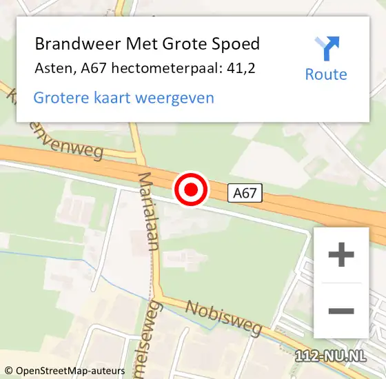 Locatie op kaart van de 112 melding: Brandweer Met Grote Spoed Naar Asten, A67 hectometerpaal: 41,2 op 12 juni 2023 18:35