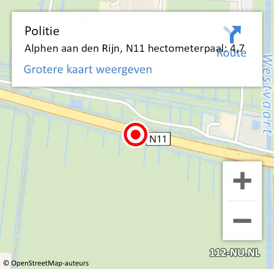 Locatie op kaart van de 112 melding: Politie Alphen aan den Rijn, N11 hectometerpaal: 4,7 op 12 juni 2023 18:39