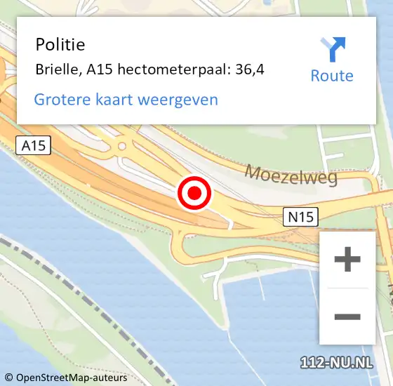 Locatie op kaart van de 112 melding: Politie Brielle, A15 hectometerpaal: 36,4 op 12 juni 2023 19:17