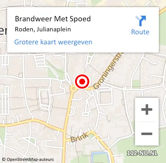 Locatie op kaart van de 112 melding: Brandweer Met Spoed Naar Roden, Julianaplein op 12 juni 2023 20:37