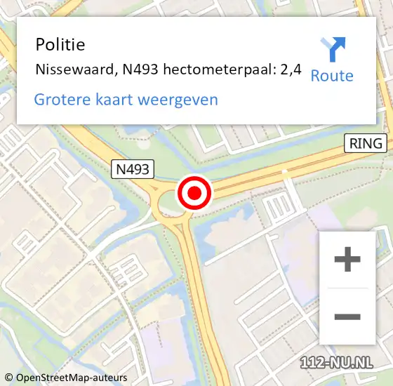 Locatie op kaart van de 112 melding: Politie Nissewaard, N493 hectometerpaal: 2,4 op 12 juni 2023 20:48