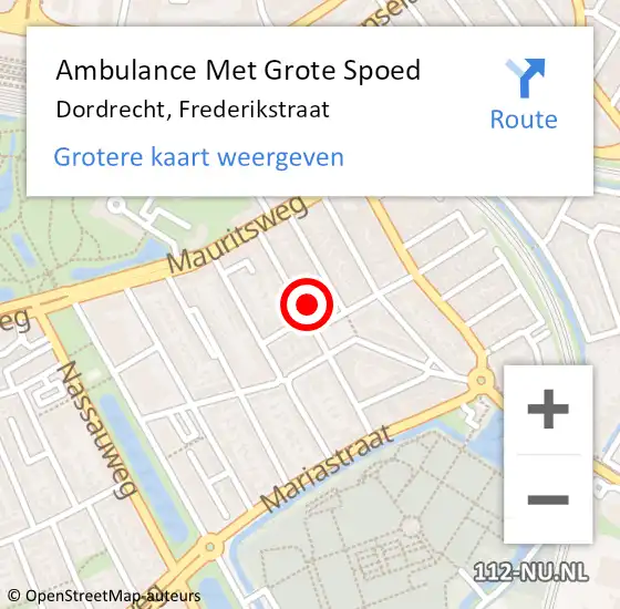 Locatie op kaart van de 112 melding: Ambulance Met Grote Spoed Naar Dordrecht, Frederikstraat op 12 juni 2023 20:54