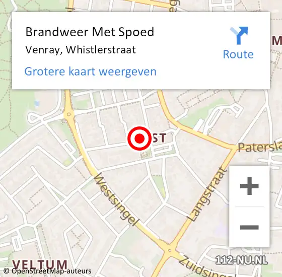 Locatie op kaart van de 112 melding: Brandweer Met Spoed Naar Venray, Whistlerstraat op 12 juni 2023 23:54