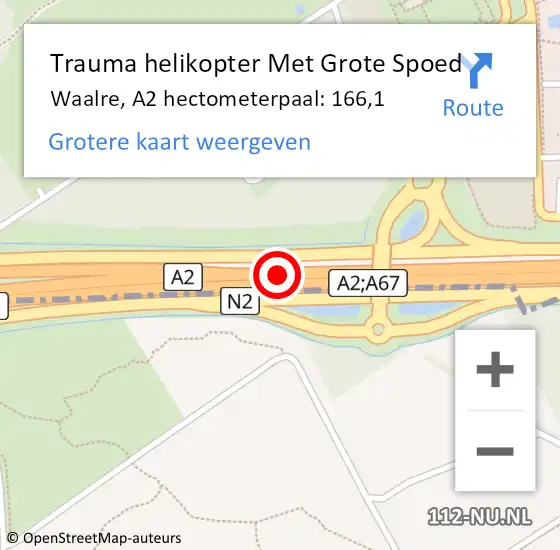 Locatie op kaart van de 112 melding: Trauma helikopter Met Grote Spoed Naar Waalre, A2 hectometerpaal: 166,1 op 13 juni 2023 04:07