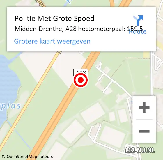 Locatie op kaart van de 112 melding: Politie Met Grote Spoed Naar Midden-Drenthe, A28 hectometerpaal: 159,5 op 13 juni 2023 08:22