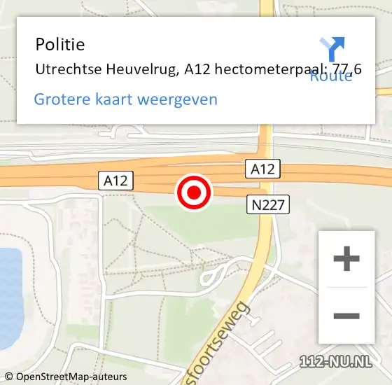 Locatie op kaart van de 112 melding: Politie Utrechtse Heuvelrug, A12 hectometerpaal: 77,6 op 13 juni 2023 09:34