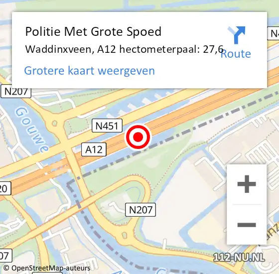 Locatie op kaart van de 112 melding: Politie Met Grote Spoed Naar Waddinxveen, A12 hectometerpaal: 27,6 op 13 juni 2023 09:38