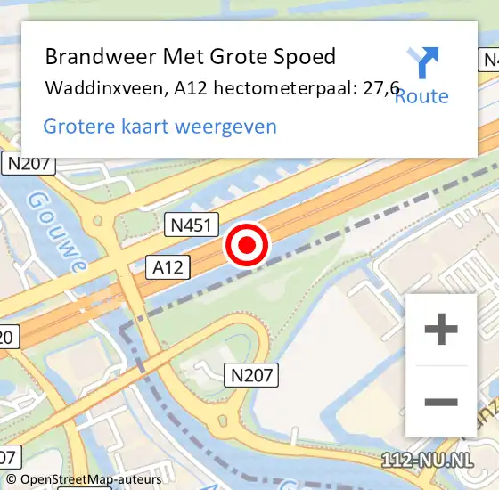 Locatie op kaart van de 112 melding: Brandweer Met Grote Spoed Naar Waddinxveen, A12 hectometerpaal: 27,6 op 13 juni 2023 09:38