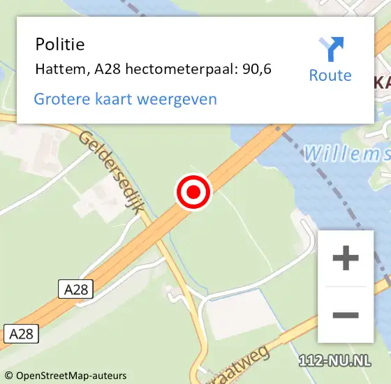 Locatie op kaart van de 112 melding: Politie Hattem, A28 hectometerpaal: 90,6 op 13 juni 2023 10:18