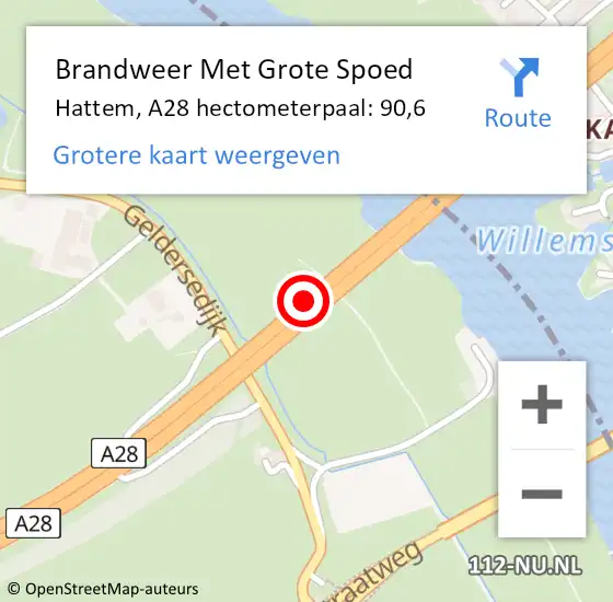 Locatie op kaart van de 112 melding: Brandweer Met Grote Spoed Naar Hattem, A28 hectometerpaal: 90,6 op 13 juni 2023 10:18