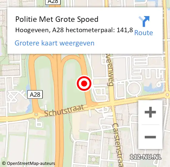 Locatie op kaart van de 112 melding: Politie Met Grote Spoed Naar Hoogeveen, A28 hectometerpaal: 141,8 op 13 juni 2023 10:59