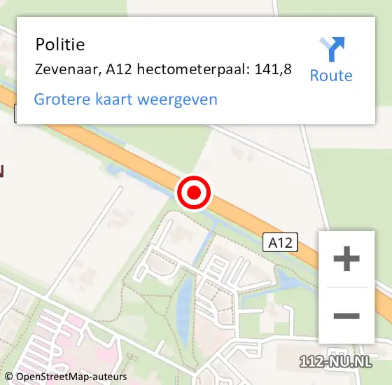 Locatie op kaart van de 112 melding: Politie Zevenaar, A12 hectometerpaal: 141,8 op 13 juni 2023 11:43