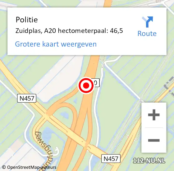 Locatie op kaart van de 112 melding: Politie Zuidplas, A20 hectometerpaal: 46,5 op 13 juni 2023 12:09