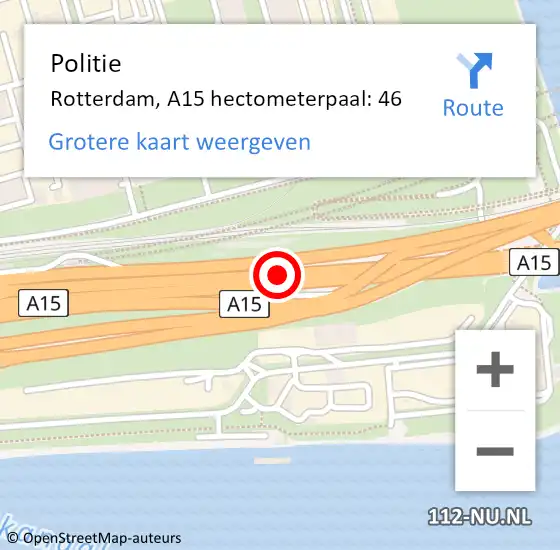 Locatie op kaart van de 112 melding: Politie Rotterdam, A15 hectometerpaal: 46 op 13 juni 2023 12:55