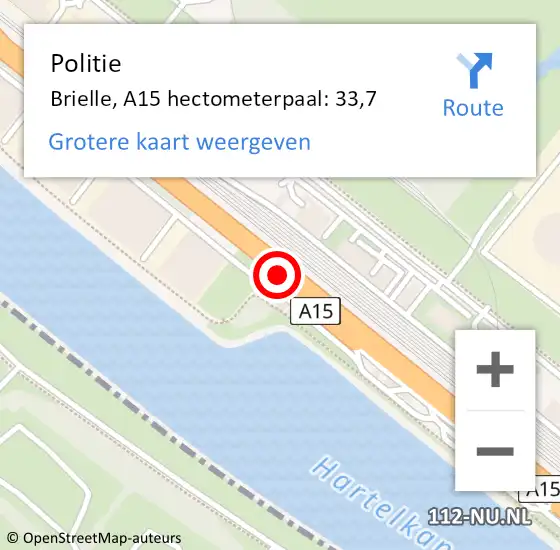 Locatie op kaart van de 112 melding: Politie Brielle, A15 hectometerpaal: 33,7 op 13 juni 2023 14:27