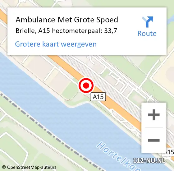 Locatie op kaart van de 112 melding: Ambulance Met Grote Spoed Naar Brielle, A15 hectometerpaal: 33,7 op 13 juni 2023 14:30