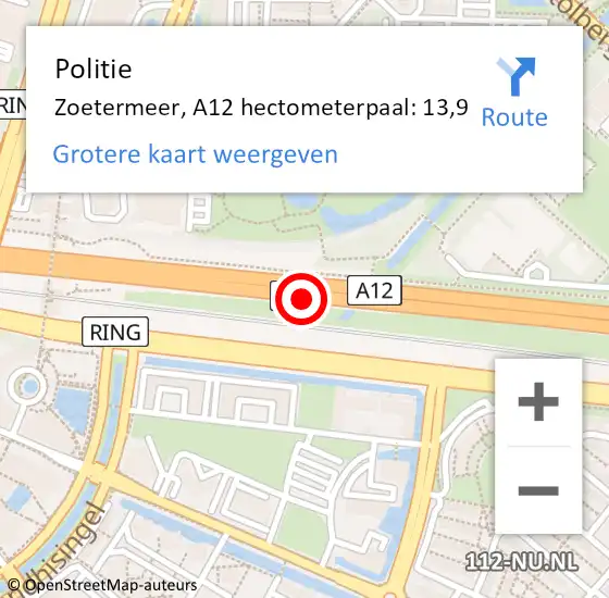 Locatie op kaart van de 112 melding: Politie Zoetermeer, A12 hectometerpaal: 13,9 op 13 juni 2023 14:31