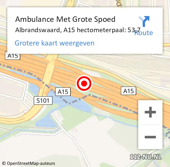 Locatie op kaart van de 112 melding: Ambulance Met Grote Spoed Naar Albrandswaard, A15 hectometerpaal: 53,7 op 13 juni 2023 14:43