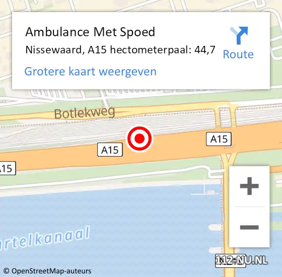 Locatie op kaart van de 112 melding: Ambulance Met Spoed Naar Nissewaard, A15 hectometerpaal: 44,7 op 13 juni 2023 16:03