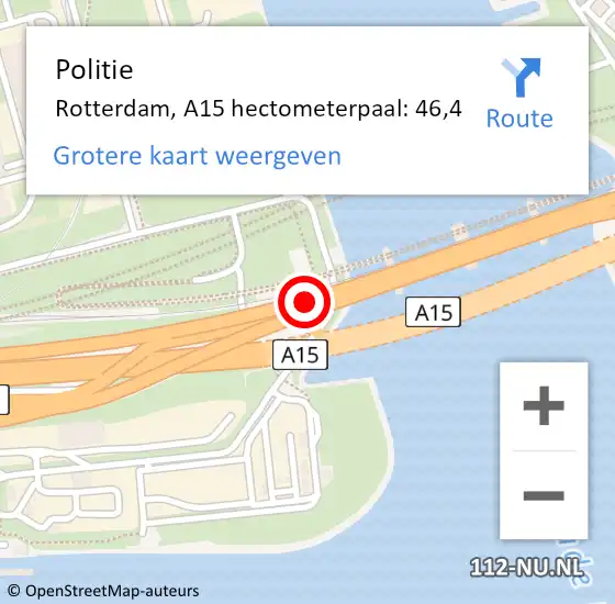 Locatie op kaart van de 112 melding: Politie Rotterdam, A15 hectometerpaal: 46,4 op 13 juni 2023 16:14