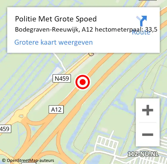 Locatie op kaart van de 112 melding: Politie Met Grote Spoed Naar Bodegraven-Reeuwijk, A12 hectometerpaal: 33,5 op 13 juni 2023 16:41