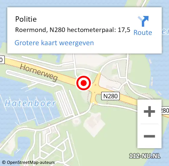 Locatie op kaart van de 112 melding: Politie Roermond, N280 hectometerpaal: 17,5 op 13 juni 2023 17:03