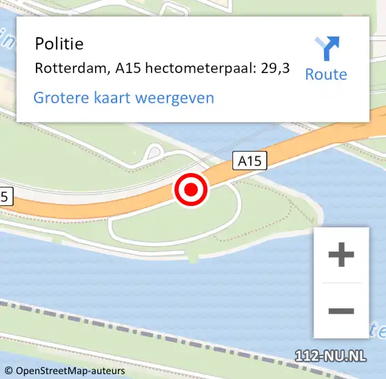 Locatie op kaart van de 112 melding: Politie Rotterdam, A15 hectometerpaal: 29,3 op 13 juni 2023 17:59