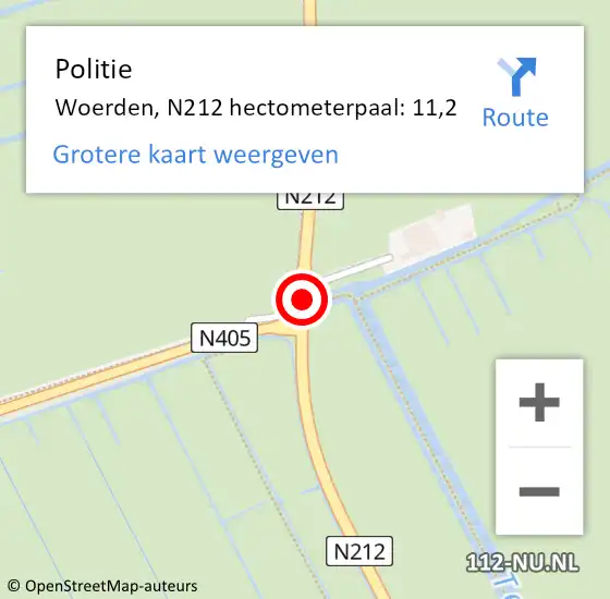 Locatie op kaart van de 112 melding: Politie Woerden, N212 hectometerpaal: 11,2 op 13 juni 2023 18:45