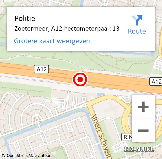 Locatie op kaart van de 112 melding: Politie Zoetermeer, A12 hectometerpaal: 13 op 13 juni 2023 19:05