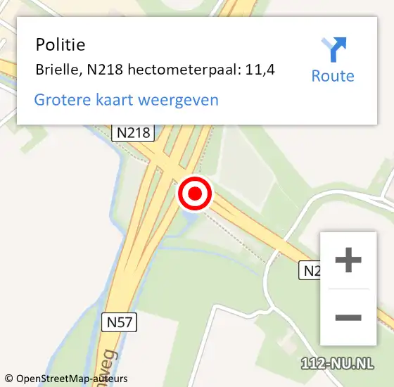 Locatie op kaart van de 112 melding: Politie Brielle, N218 hectometerpaal: 11,4 op 13 juni 2023 19:50