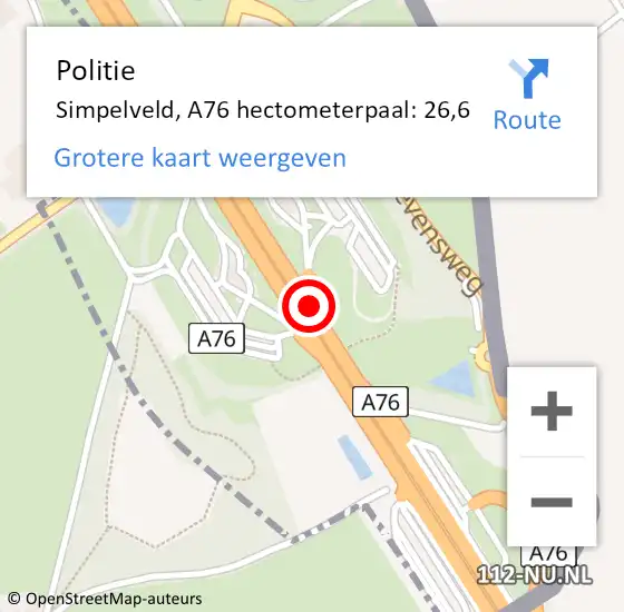 Locatie op kaart van de 112 melding: Politie Simpelveld, A76 hectometerpaal: 26,6 op 13 juni 2023 19:58