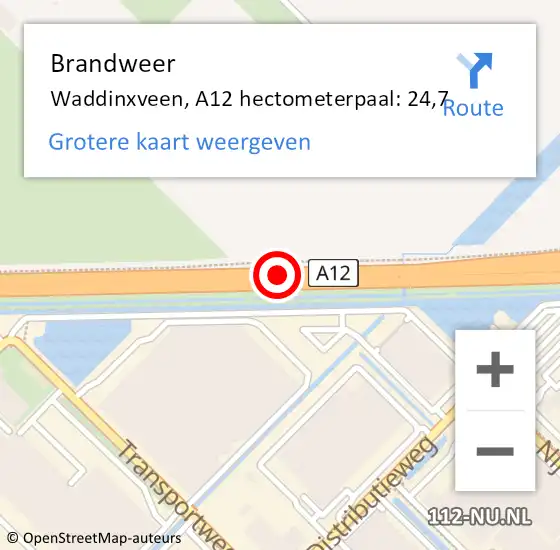 Locatie op kaart van de 112 melding: Brandweer Waddinxveen, A12 hectometerpaal: 24,7 op 13 juni 2023 23:02