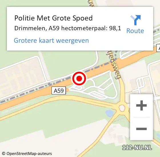 Locatie op kaart van de 112 melding: Politie Met Grote Spoed Naar Drimmelen, A59 hectometerpaal: 98,1 op 13 juni 2023 23:14