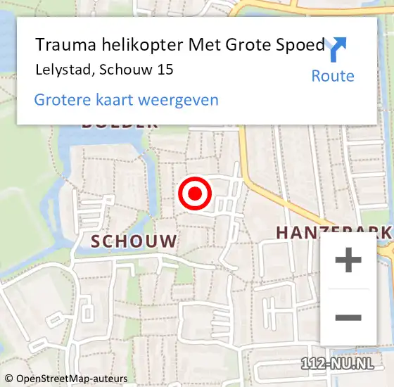 Locatie op kaart van de 112 melding: Trauma helikopter Met Grote Spoed Naar Lelystad, Schouw 15 op 14 juni 2023 02:15