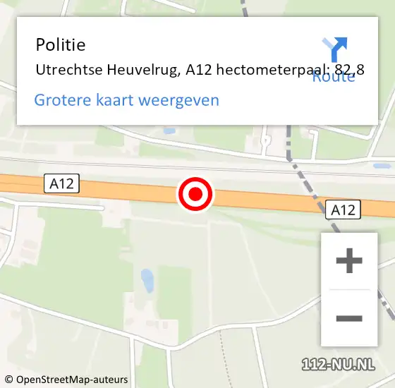 Locatie op kaart van de 112 melding: Politie Utrechtse Heuvelrug, A12 hectometerpaal: 82,8 op 14 juni 2023 02:40