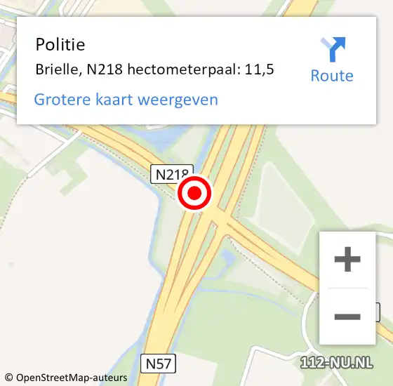 Locatie op kaart van de 112 melding: Politie Brielle, N218 hectometerpaal: 11,5 op 14 juni 2023 06:25