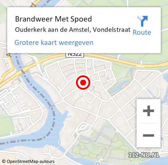 Locatie op kaart van de 112 melding: Brandweer Met Spoed Naar Ouderkerk aan de Amstel, Vondelstraat op 14 juni 2023 08:45