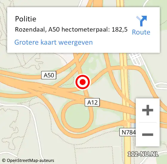 Locatie op kaart van de 112 melding: Politie Rozendaal, A50 hectometerpaal: 182,5 op 14 juni 2023 09:44