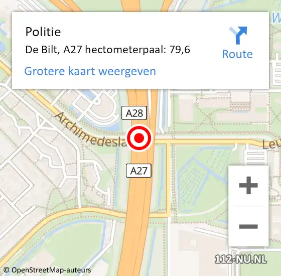 Locatie op kaart van de 112 melding: Politie De Bilt, A27 hectometerpaal: 79,6 op 14 juni 2023 10:10