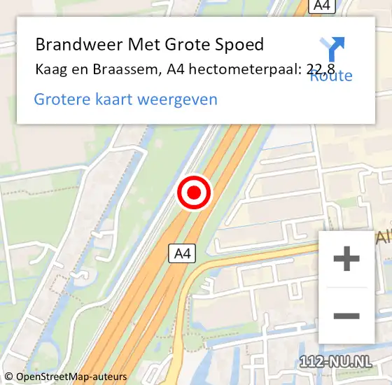 Locatie op kaart van de 112 melding: Brandweer Met Grote Spoed Naar Kaag en Braassem, A4 hectometerpaal: 22,8 op 14 juni 2023 13:15