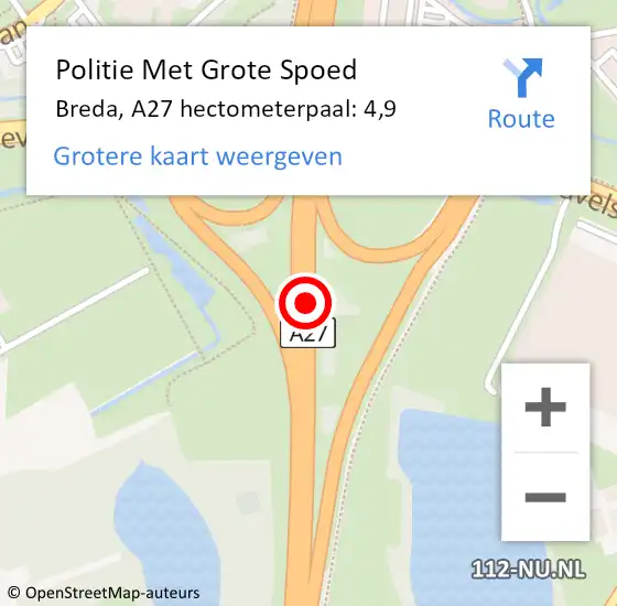 Locatie op kaart van de 112 melding: Politie Met Grote Spoed Naar Breda, A27 hectometerpaal: 4,9 op 14 juni 2023 13:20