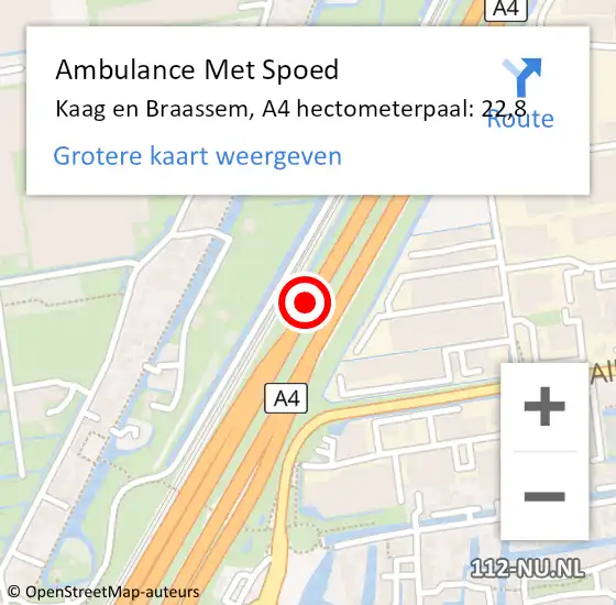 Locatie op kaart van de 112 melding: Ambulance Met Spoed Naar Kaag en Braassem, A4 hectometerpaal: 22,8 op 14 juni 2023 13:23