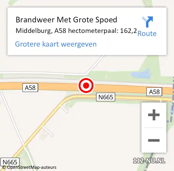 Locatie op kaart van de 112 melding: Brandweer Met Grote Spoed Naar Middelburg, A58 hectometerpaal: 162,2 op 14 juni 2023 14:00