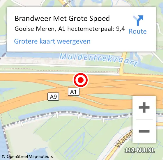 Locatie op kaart van de 112 melding: Brandweer Met Grote Spoed Naar Gooise Meren, A1 hectometerpaal: 9,4 op 14 juni 2023 14:15