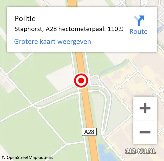 Locatie op kaart van de 112 melding: Politie Staphorst, A28 hectometerpaal: 110,9 op 14 juni 2023 14:47