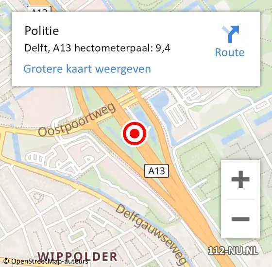 Locatie op kaart van de 112 melding: Politie Delft, A13 hectometerpaal: 9,4 op 14 juni 2023 16:50