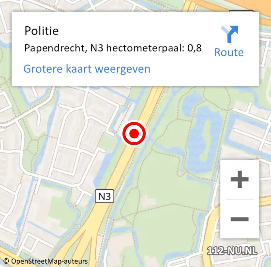 Locatie op kaart van de 112 melding: Politie Papendrecht, N3 hectometerpaal: 0,8 op 14 juni 2023 16:51