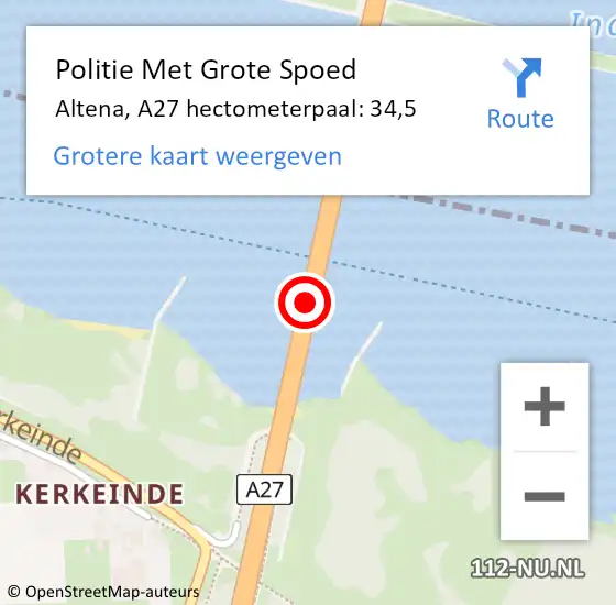 Locatie op kaart van de 112 melding: Politie Met Grote Spoed Naar Altena, A27 hectometerpaal: 34,5 op 14 juni 2023 16:59